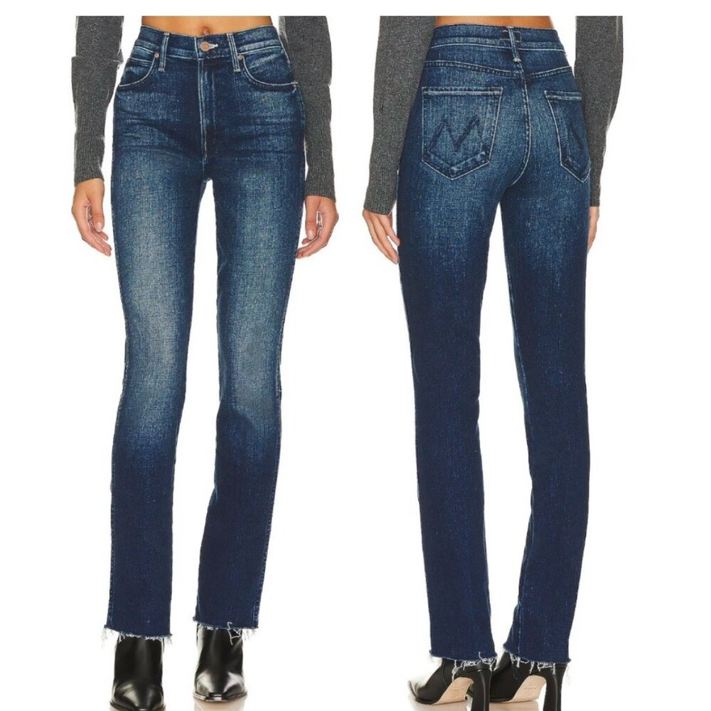 MOTHER Dark Blue- 30- High Waisted Rascal Sneak Fray Jeans